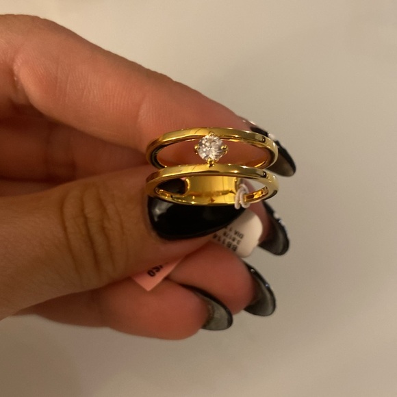 Double Band Gold Plated Over Silver 925 Ring with a Brilliant CZ Center Stone - Picture 3 of 5